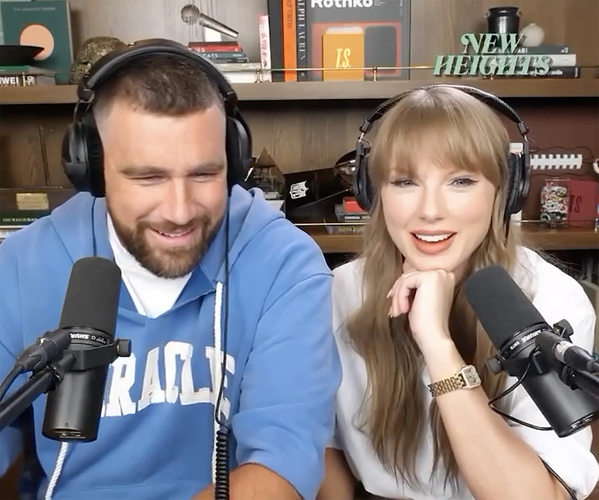 Taylor Swift and Travis Kelce on 'New Heights' podcast.