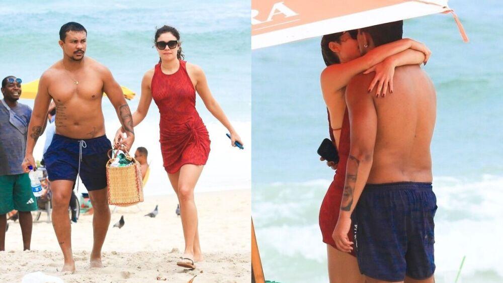 Xamã e Sophia trocam beijos em praia da Barra da Tijuca.