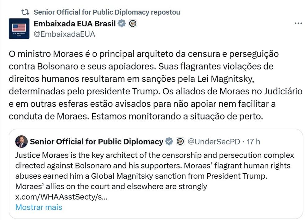 Nota divulgada pela Embaixada dos EUA