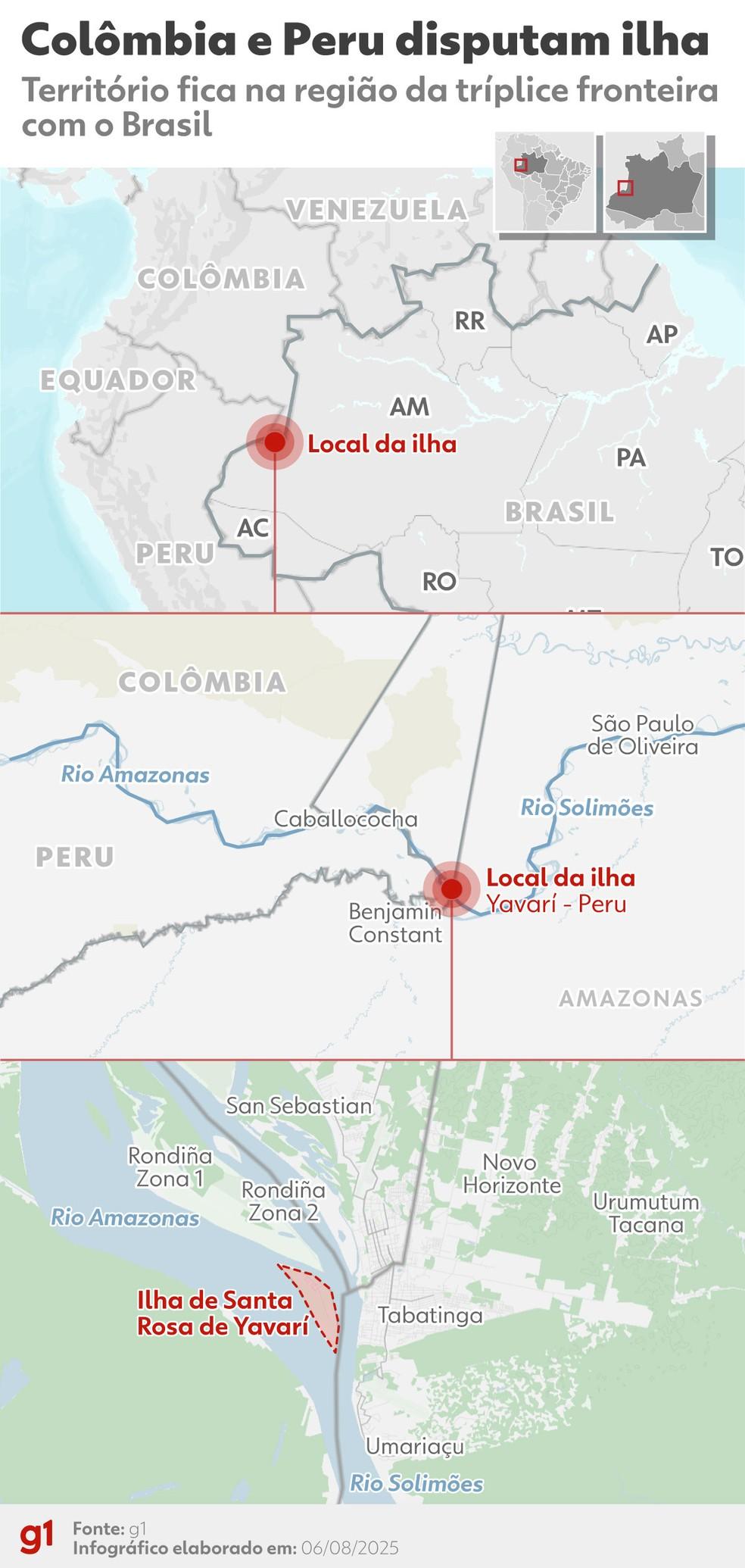 Mapa mostra ilha disputada por Colômbia e Peru.