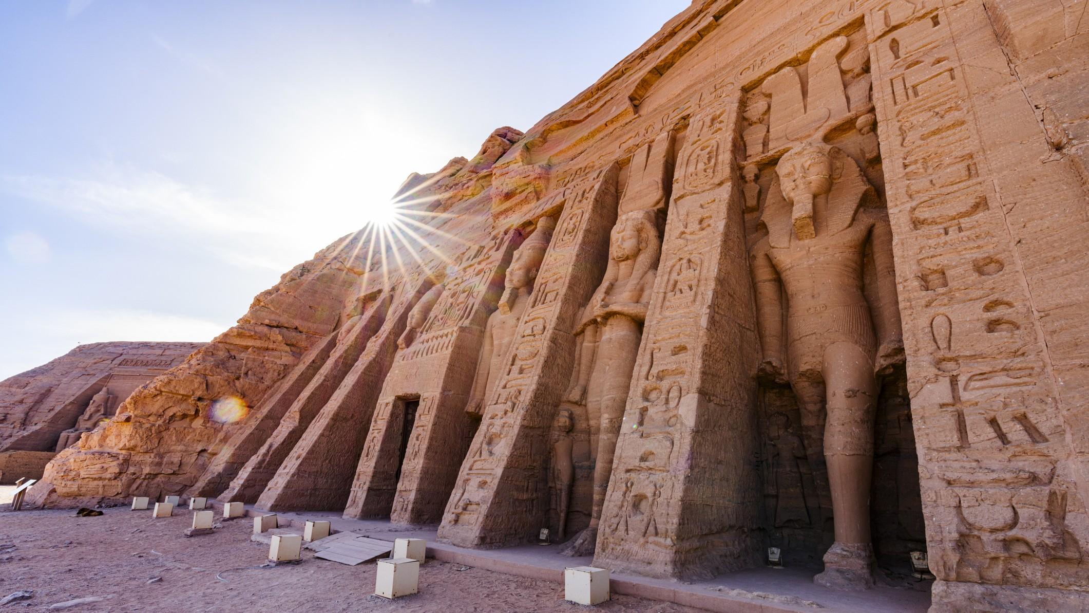 Sunrise over the ancient Temple of Nefertari, Abu Simbel, Aswan, Egypt