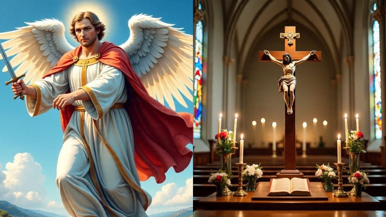 Colagem de fotos com a imagem de São Miguel Arcanjo e uma cruz de Jesus Cristo