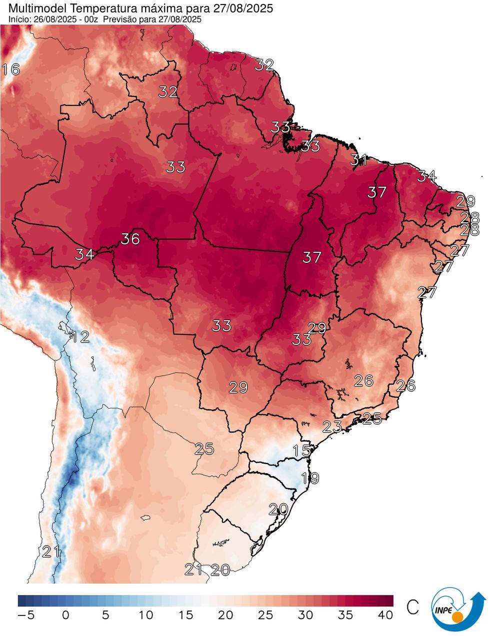Mapa mostra previsão de temperatura máxima para esta quarta (27).