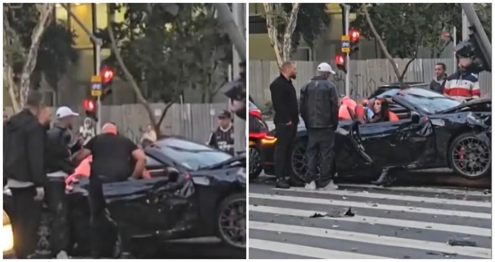 Carro conversível fica destruído após bater em outro veículo e em poste na Avenida Faria Lima