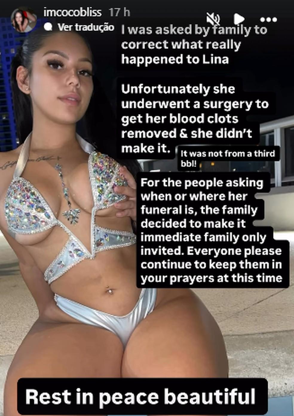 Post da cantora Coco Bliss esclarecendo a causa da morte de Lina Bina