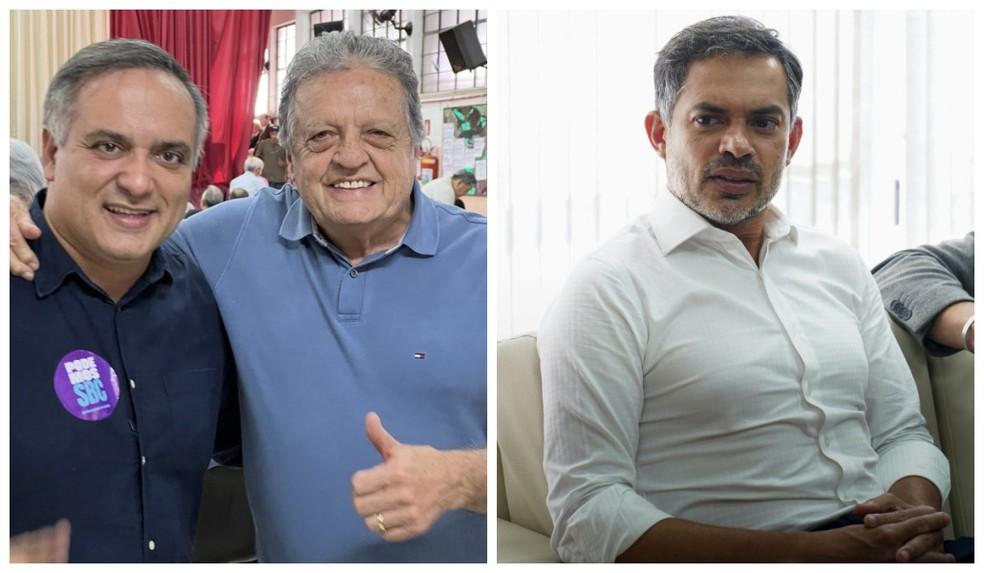 O prefeito afastado Marcelo Lima (Podemos), ao lado do suplente de vereador Ary José de Oliveira (PRTB); à direita, o presidente da Câmara Municipal, Danilo Lima (Podemos).