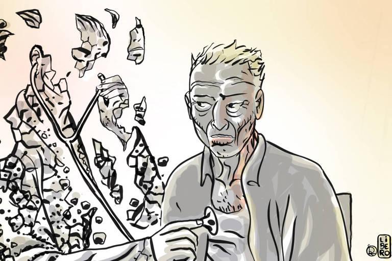 Homem sendo atendido por um médico cujos traços estão incompletos, simbolizando a crise na formação médica