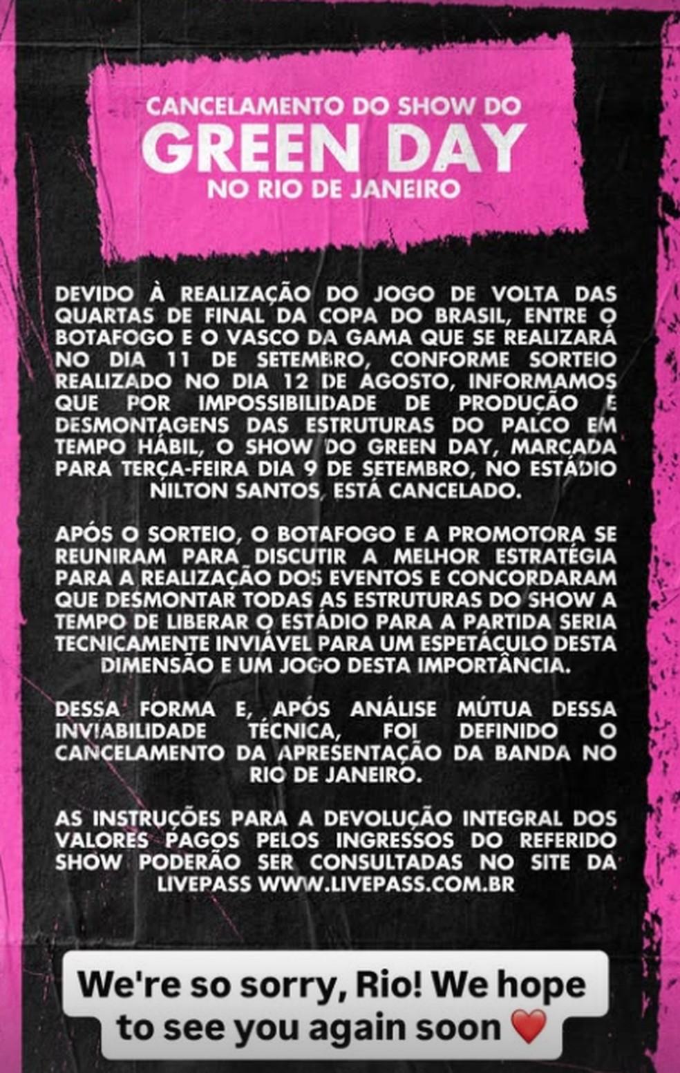 Green Day cancela show no Rio de Janeiro