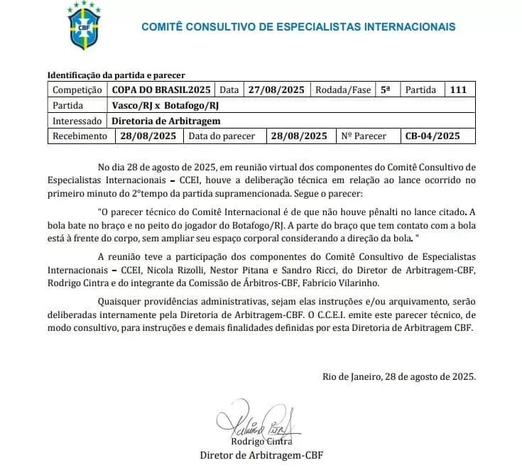 Parecer da CBF sobre pênalti em Vasco e Botafogo: Entenda o que foi decidido