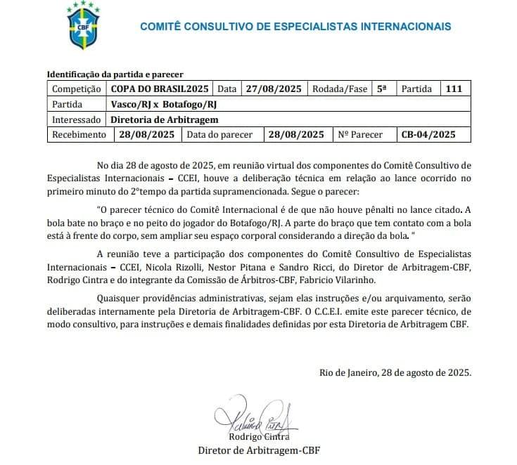 Parecer da CBF sobre polêmica em Vasco x Botafogo