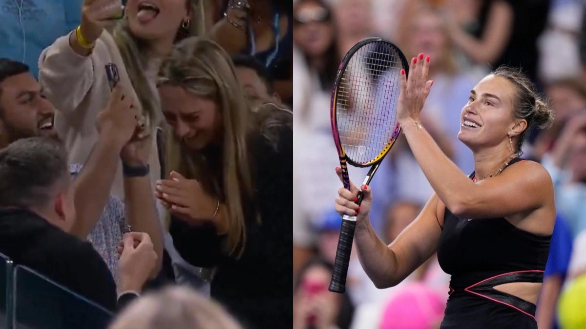 Fã propõe em meio às arquibancadas durante o jogo de Aryna Sabalenka.