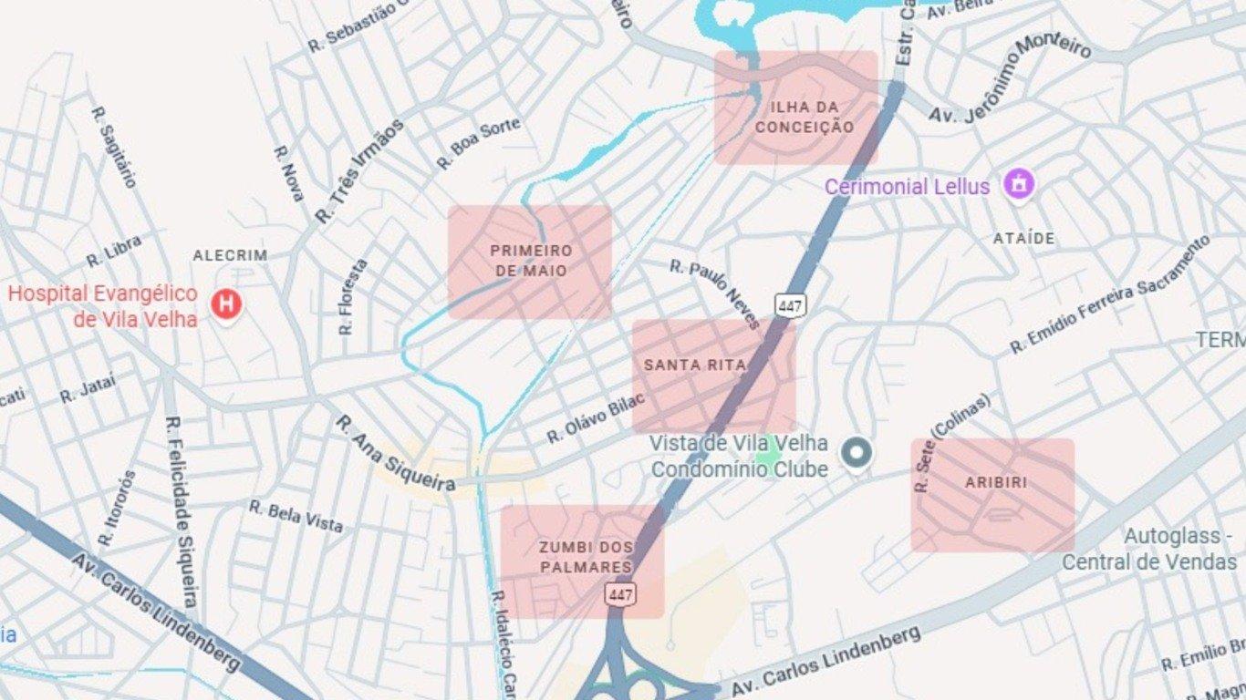 Mapa das regiões mais atingidas pela guerra do tráfico