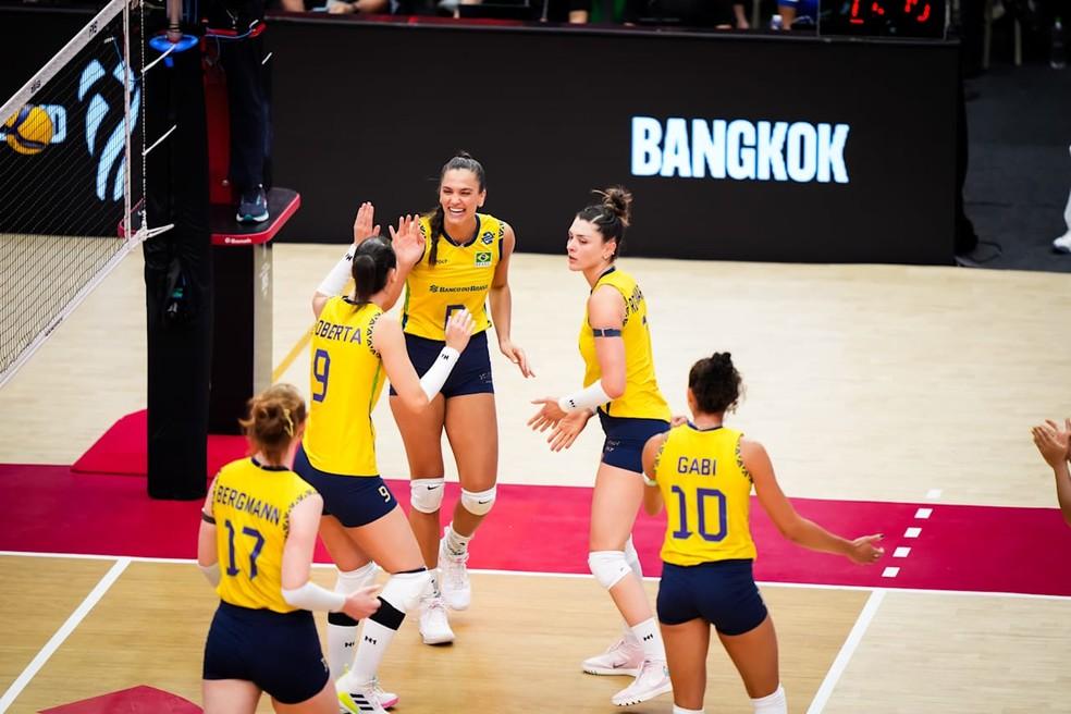 Brasil comemora ponto nas quartas de final do Mundial de vôlei