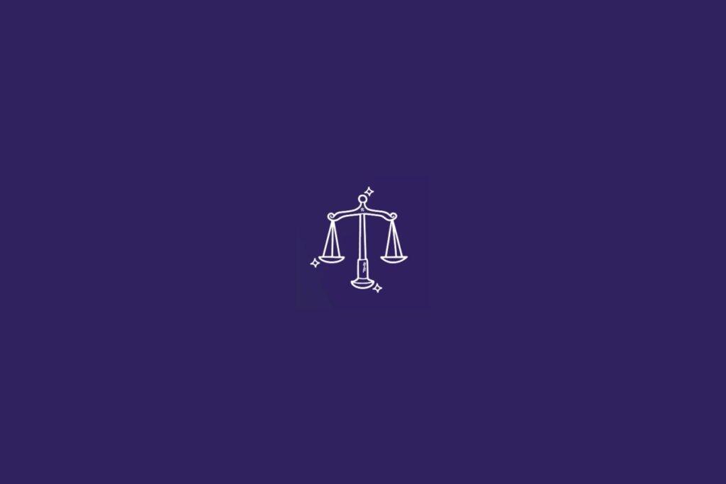 Ilustração do signo de Libra em um fundo roxo.