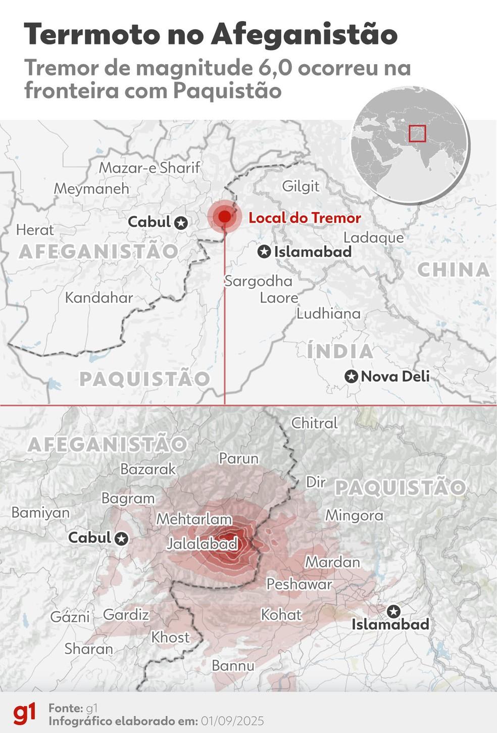 Mapa mostra região atingida por terremoto de magnitude 6,0, em 1º de setembro de 2025.