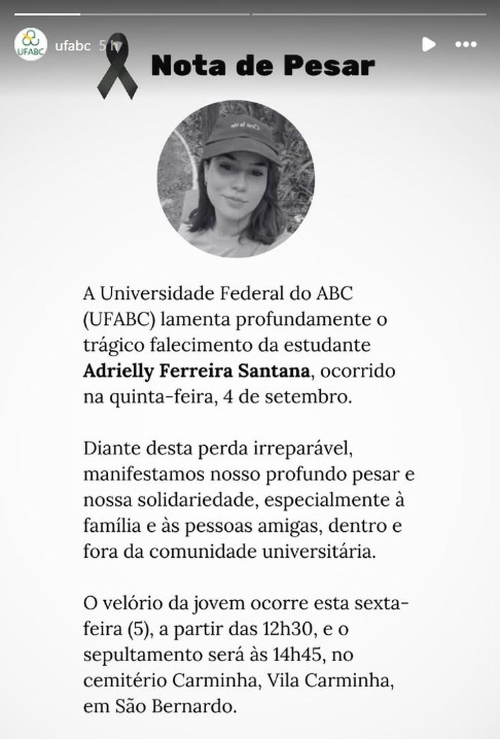 UFABC lamenta morte de Adrielly Santana