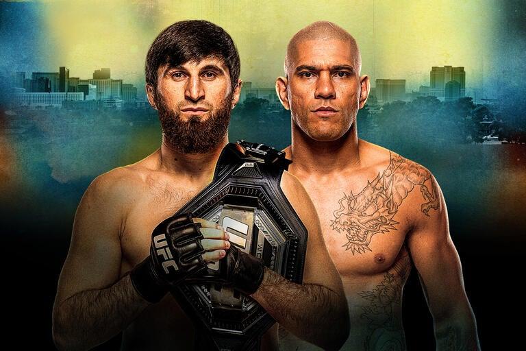 UFC 320 promotional graphic featuring Magomed Ankalaev holding the championship belt alongside Alex Pereira, with a city skyline and gradient background.