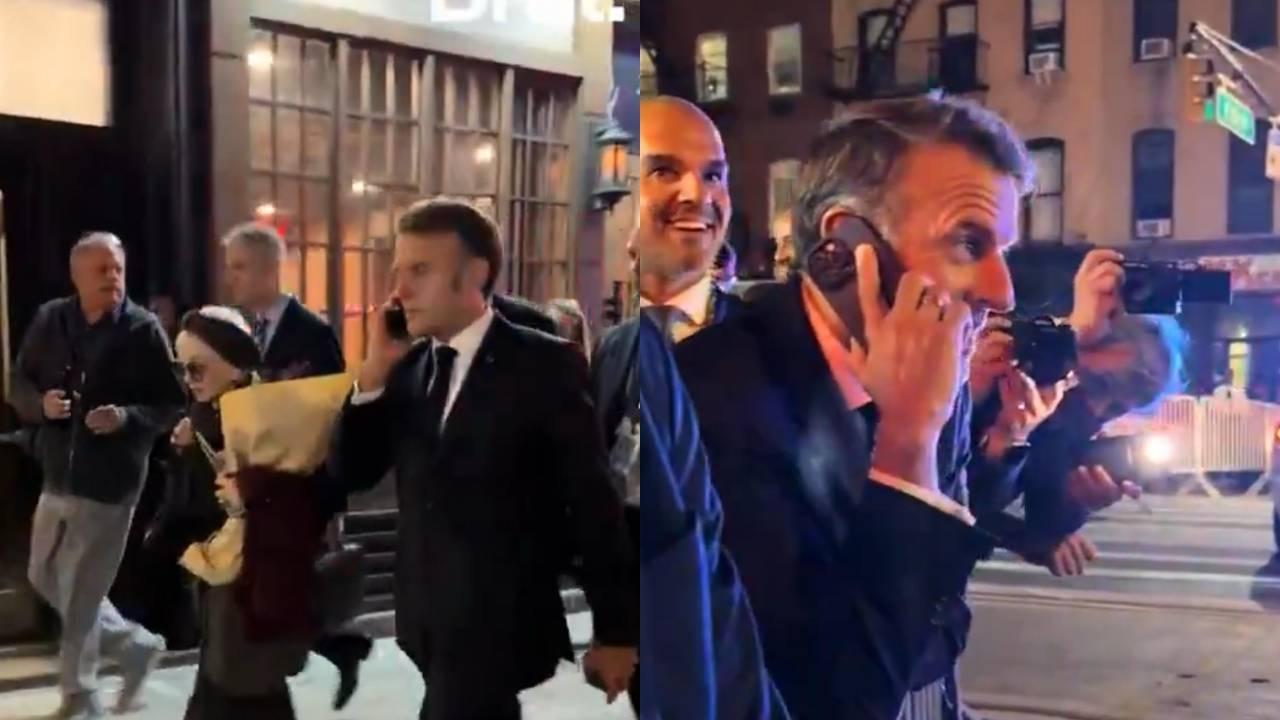 Emmanuel Macron caminhando pelas ruas de Nova York após ter passagem barrada