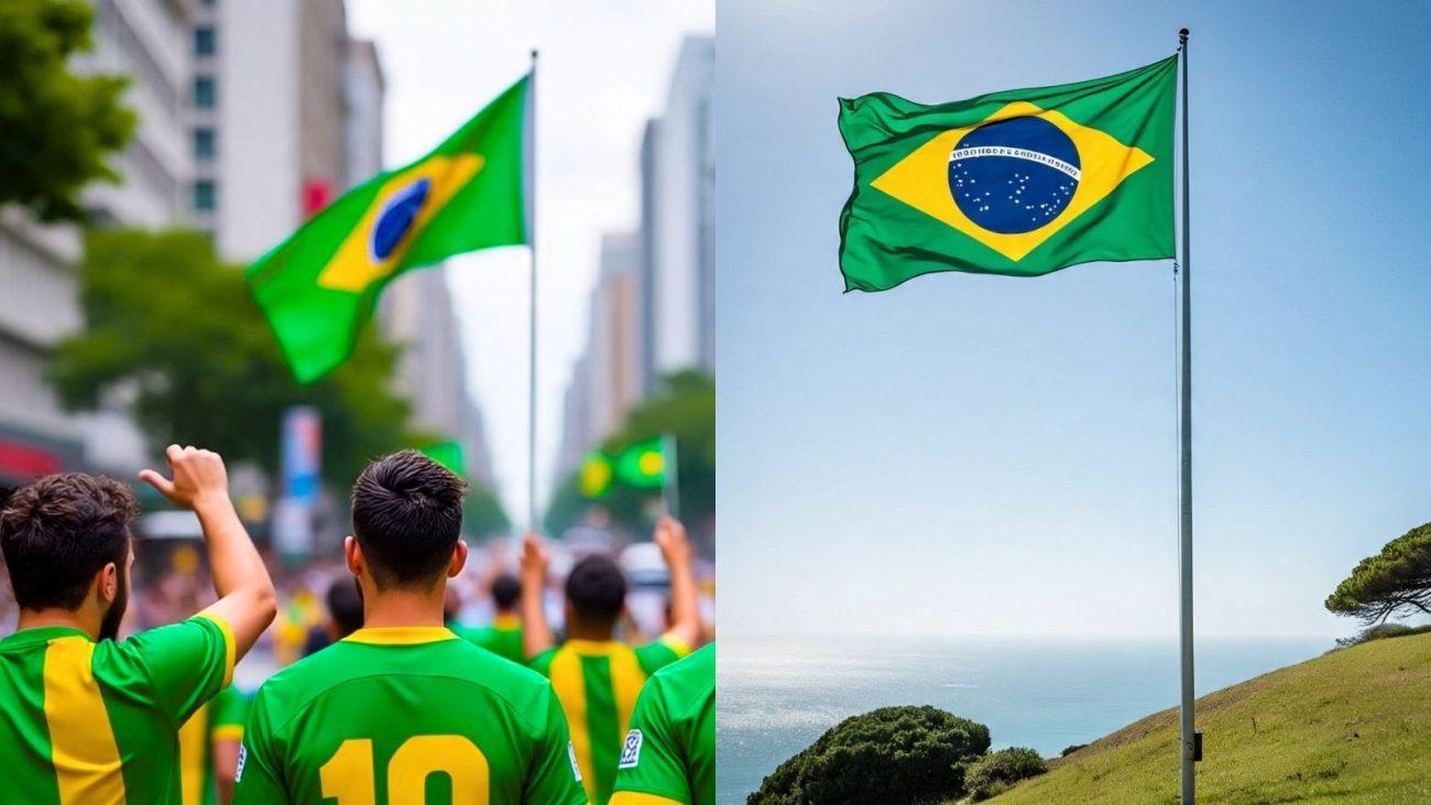 Multidão celebrando o Dia da Independência do Brasil com bandeira