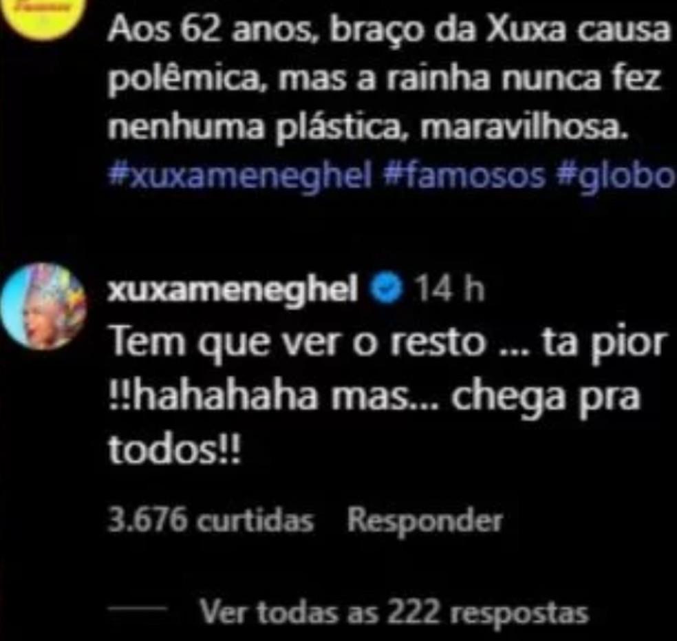 Xuxa Meneghel responde vídeo sobre aparência dos braços