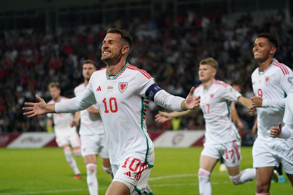 Aaron Ramsey of Wales celebrates scoring a goal