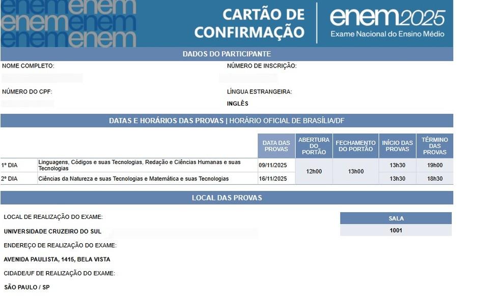 Cartão de confirmação do Enem 2025.