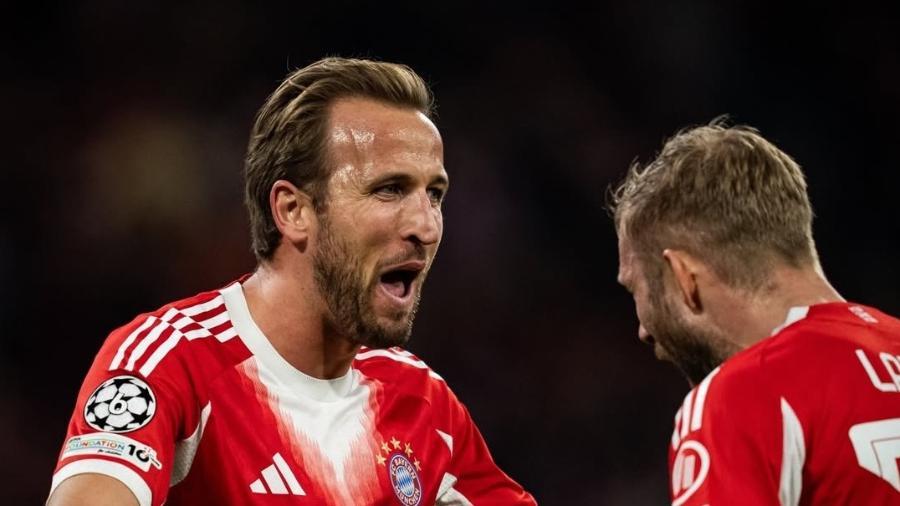 Harry Kane, do Bayern de Munique, comemora gol contra o Club Brugge, pela Liga dos Campeões.