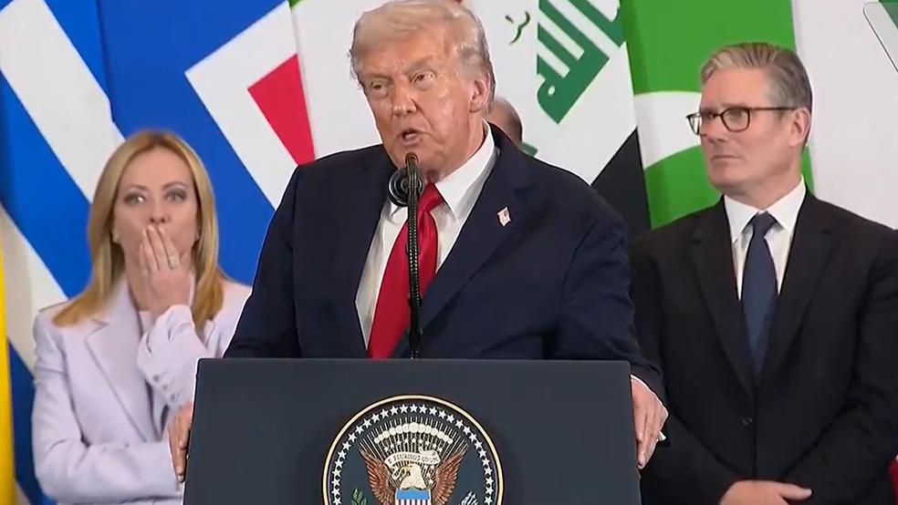 Trump discursa em frente a Giorgia Meloni (Itália) e Keir Starmer (Reino Unido), no Egito