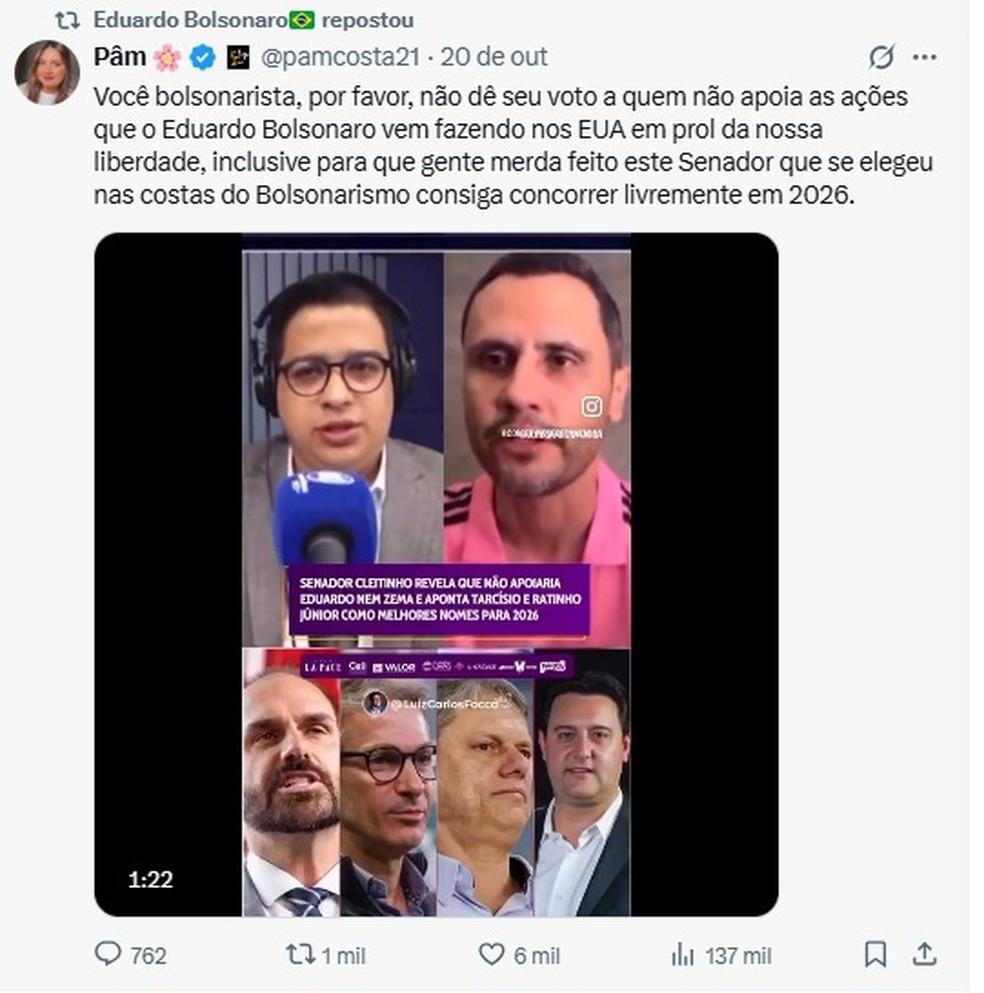 Post repostado por Eduardo com crítica a Cleitinho após comentário sobre dívida paga a Eduardo