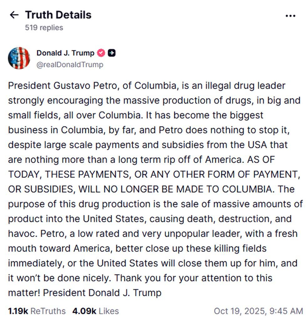 Publicação de Donald Trump sobre Gustavo Petro na rede social Truth Social