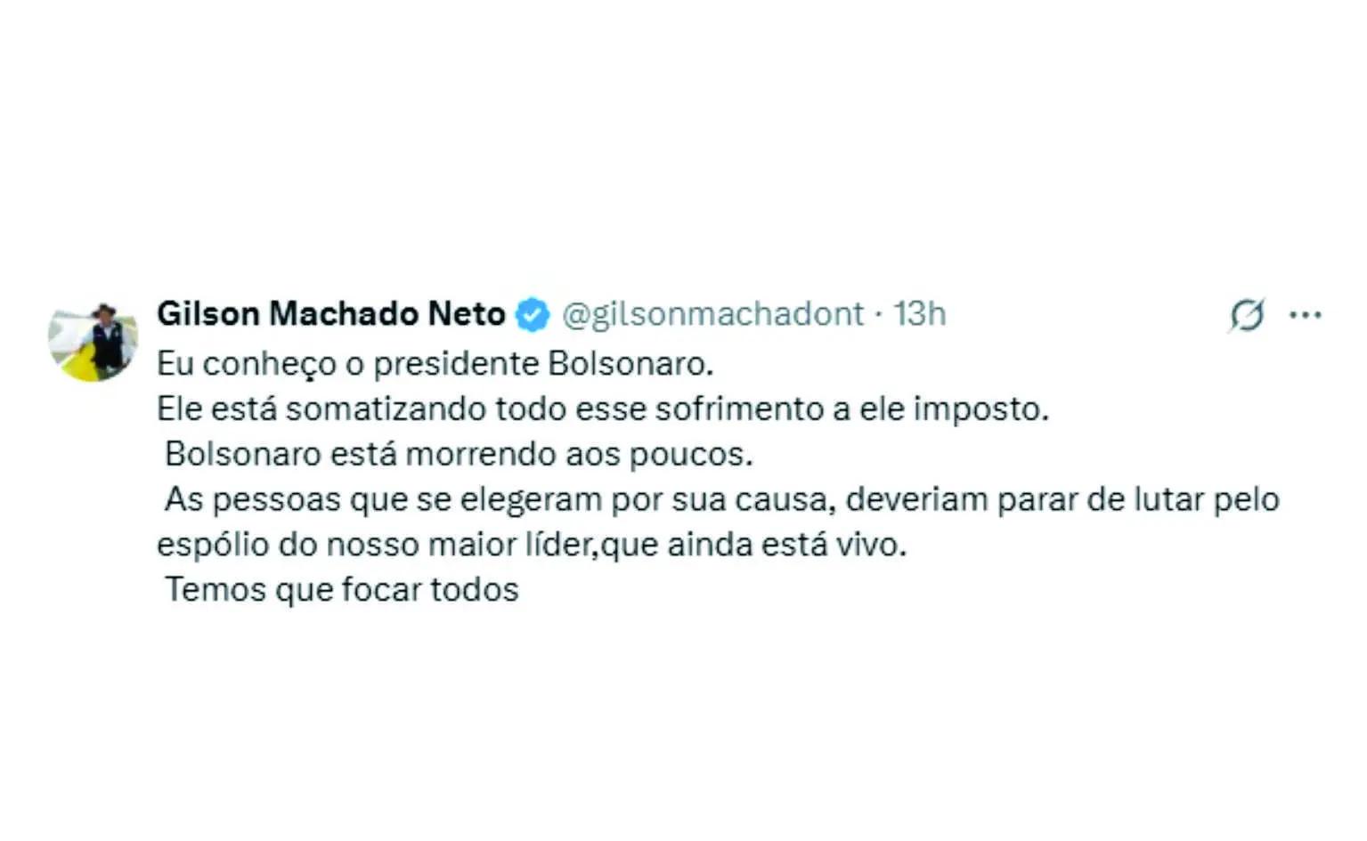 Gilson Machado usa rede X para afirmar que Bolsonaro 'está morrendo aos poucos' e cobrar união da direita.