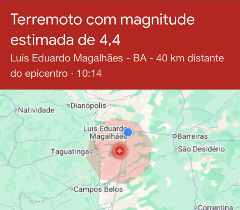Terremoto de 4,4 MW é registrado em Luís Eduardo Magalhães e cidades próximas