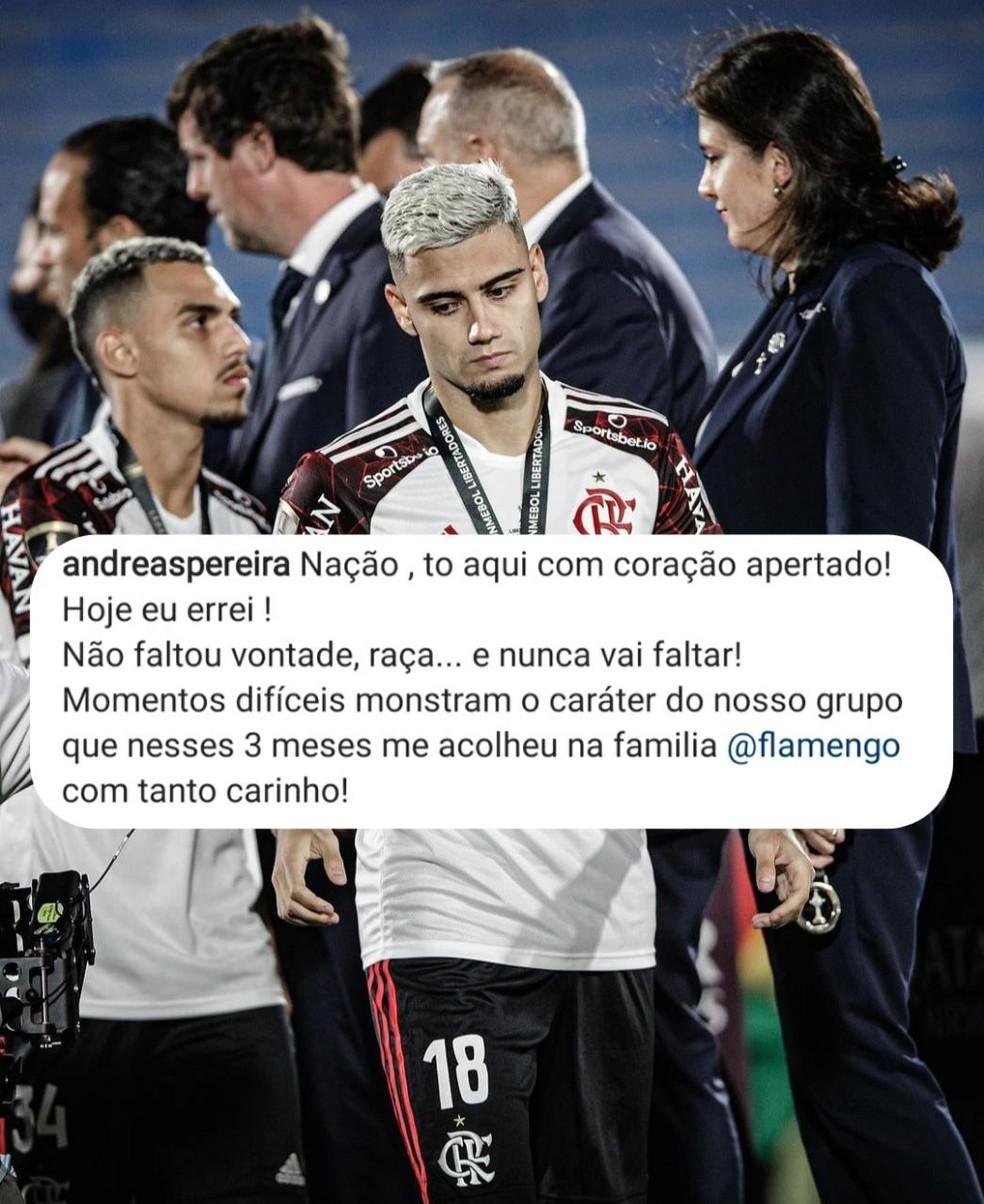 Andreas Pereira faz post pedindo desculpas à torcida do Flamengo