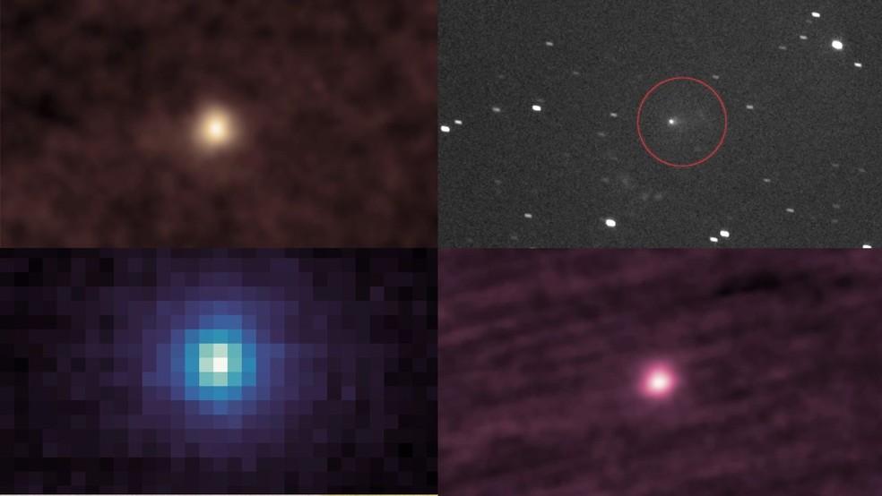Imagens do cometa 3I/ATLAS capturadas por diferentes sondas espaciais em várias datas.