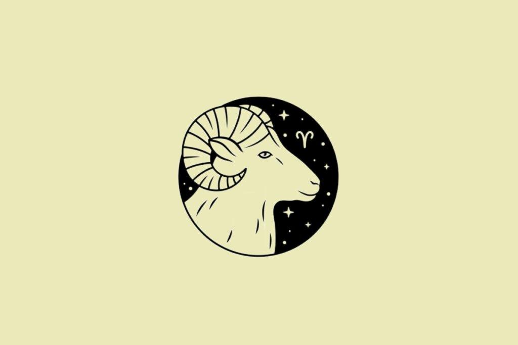 Ilustração do signo de Áries em preto sobre um fundo amarelo