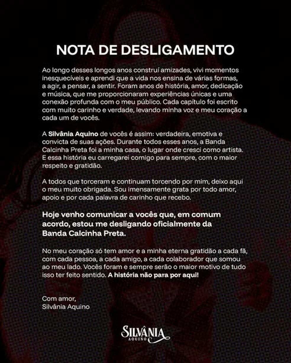 Nota de desligamento de Silvânia Aquino do Calcinha Preta