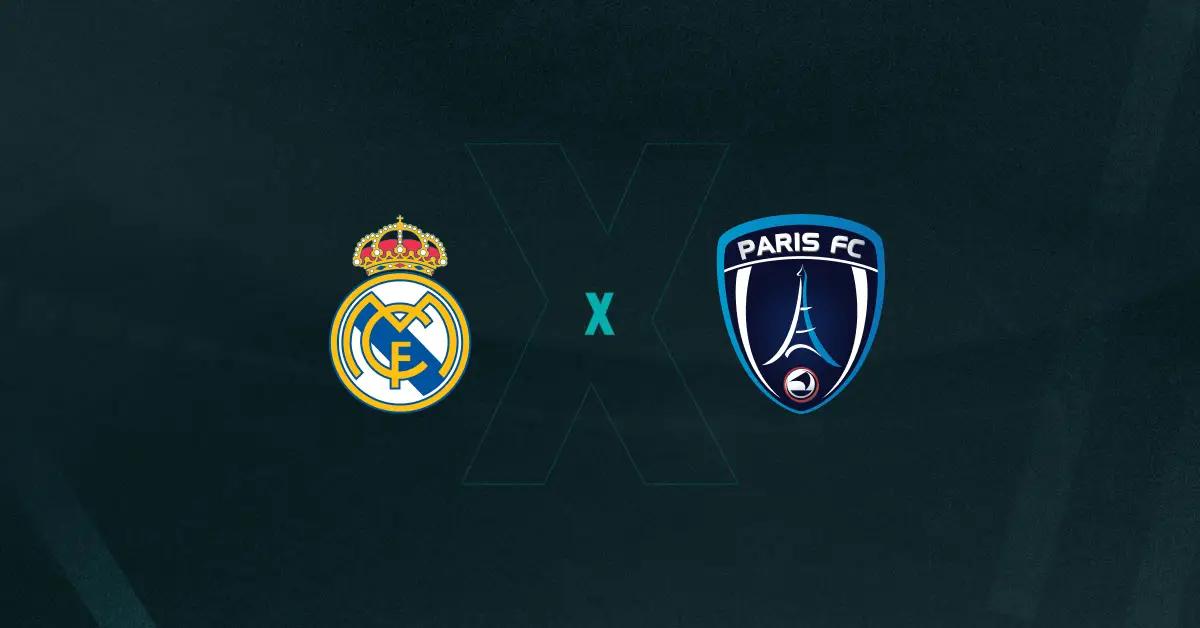 Escudos de Real Madrid e Paris FC, que se enfrentam pela Champions League F.