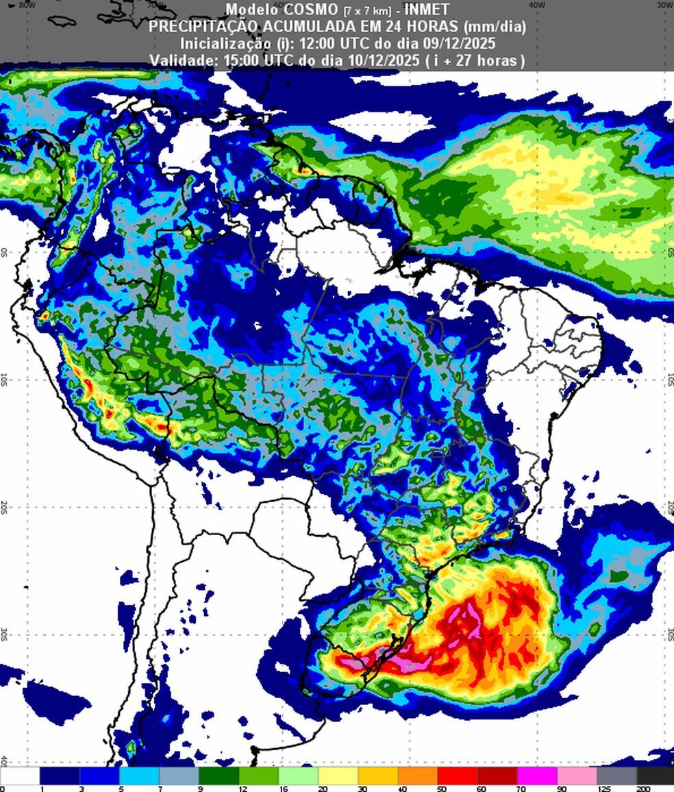 Mapa de precipitação acumulada do ciclone no litoral do Rio Grande do Sul
