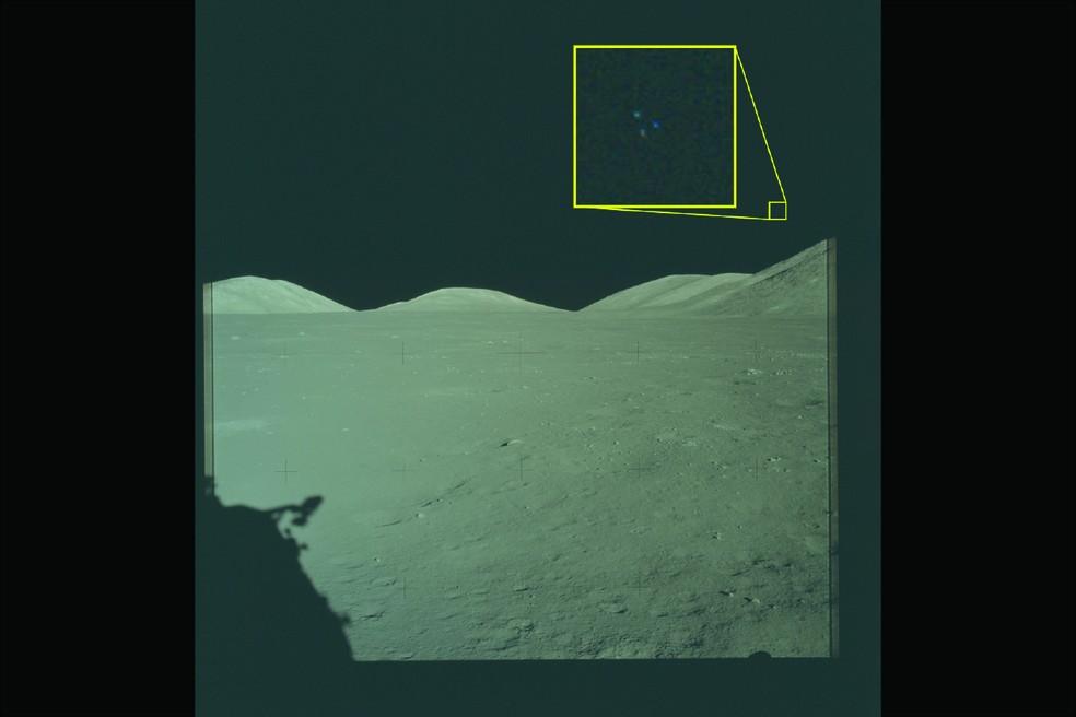 Foto tirada pela missão Apollo 17 na Lua em 1972 mostra visão aumentada de três pontos de luz não identificados.