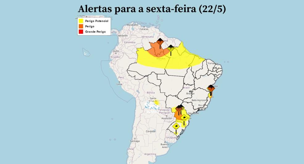 Alertas para a sexta-feira (22/5) — Foto: Inmet