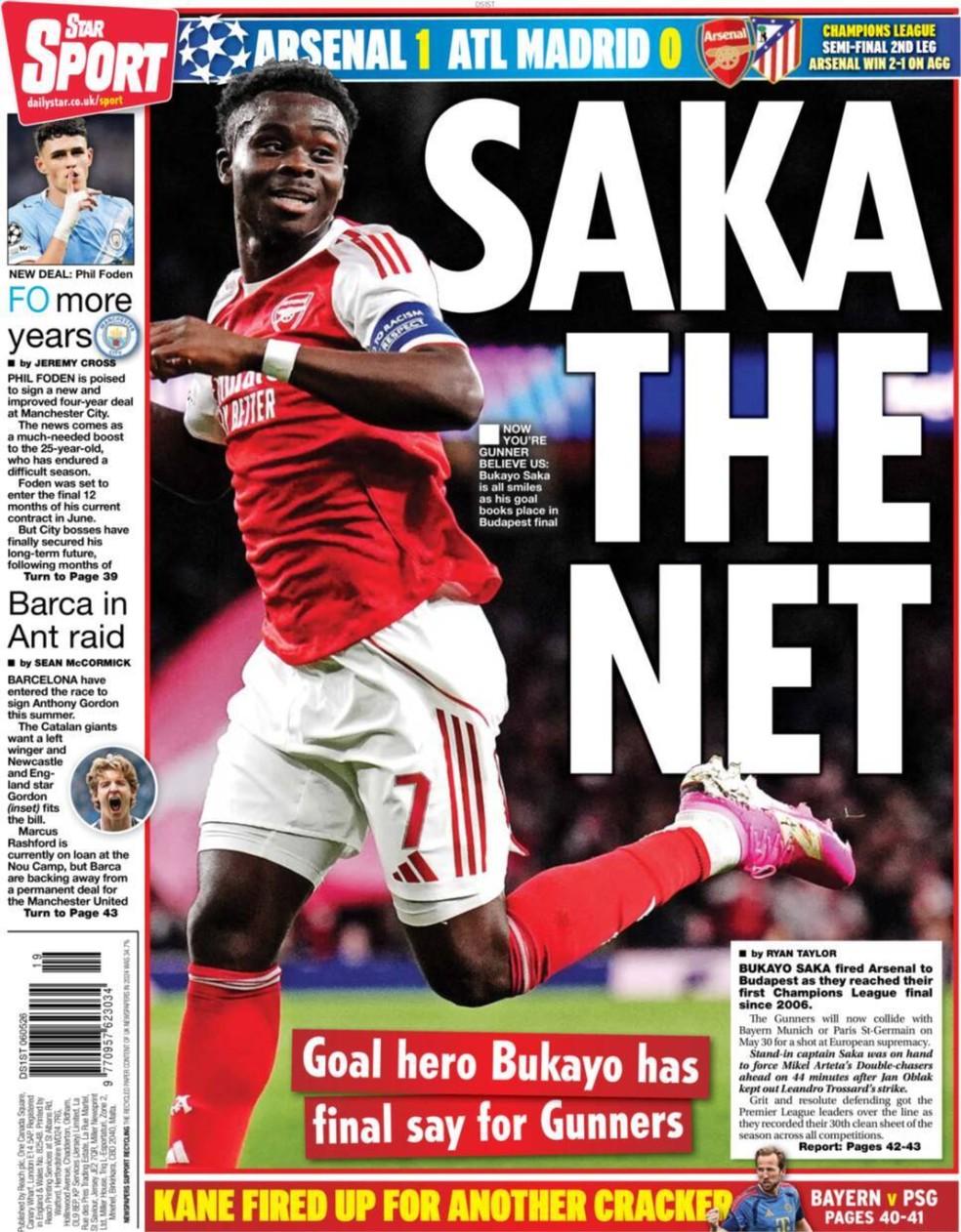 Imprensa inglesa exalta Bukayo Saka após gol que colocou o Arsenal de volta à final da Champions depois de 20 anos