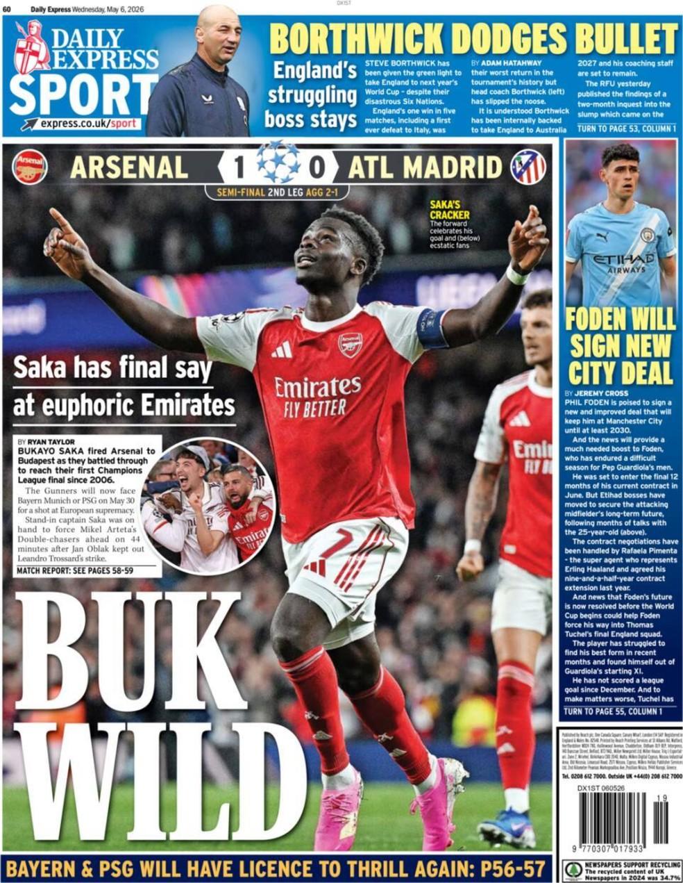 jornal inglês destaca atuação de Bukayo Saka e clima eufórico no Emirates após classificação do Arsenal à final da Champions
