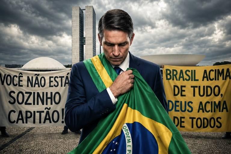 Homem de terno segura a bandeira do Brasil em frente ao Congresso Nacional com céu carregado de nuvens escuras