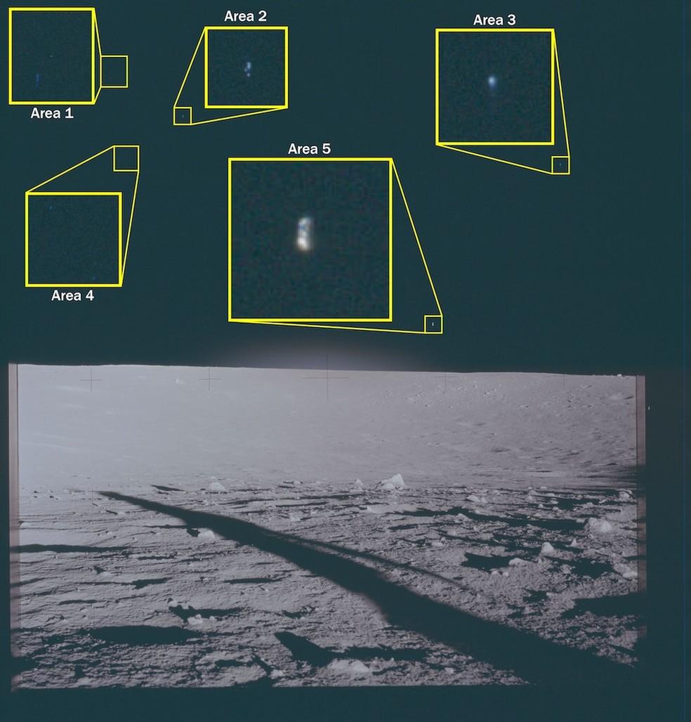 Foto tirada por astronauta da Apollo 12 na Lua em 1969 mostra cinco áreas de fenômenos não identificados visíveis a olho nu.
