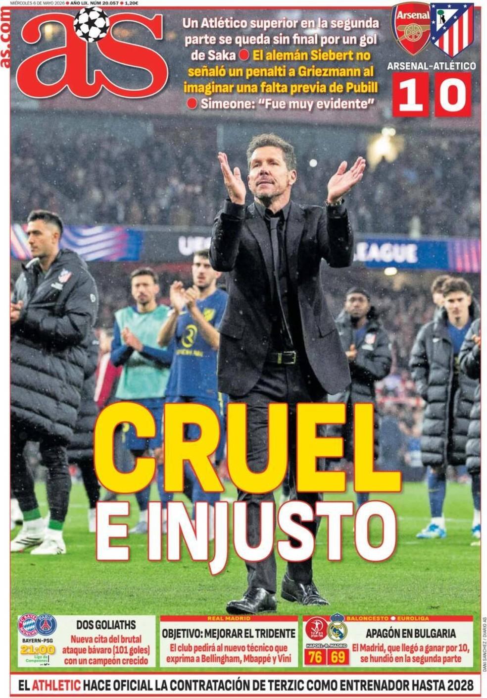“Cruel e injusto”: jornal espanhol “As” lamenta eliminação do Atlético de Madrid e destaca reclamações sobre arbitragem após derrota para o Arsenal