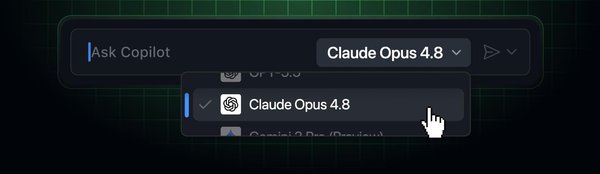 Modelo Copilot selecionando Claude Opus 4.8