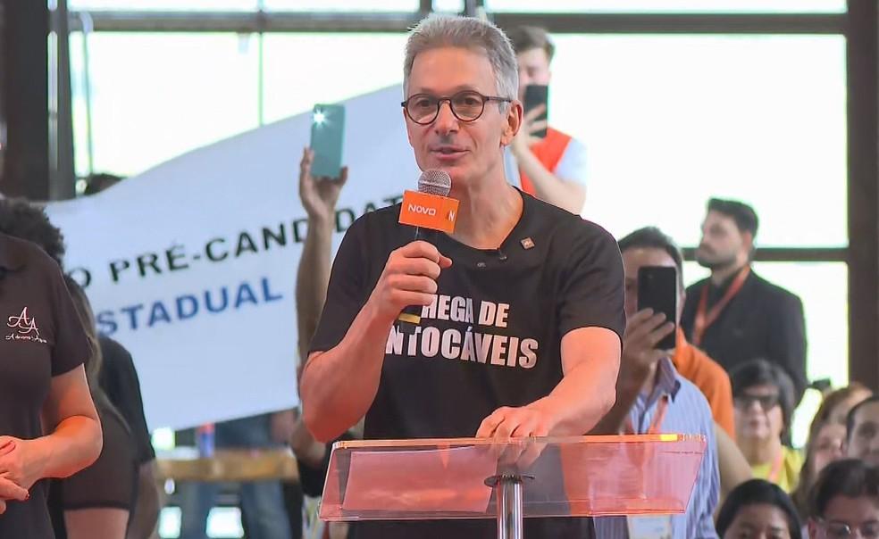 Zema durante evento partidário do Novo em Belo Horizonte. — Foto: Thiago Phillip/TV Globo