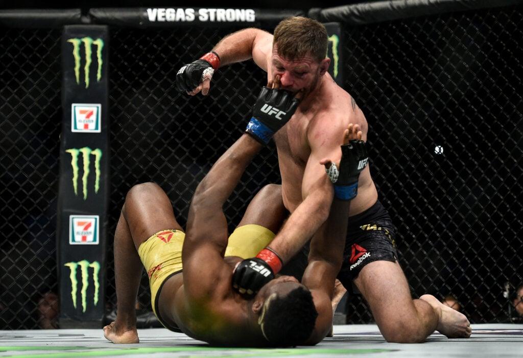 Stipe Miocic punches Francis Ngannou on the ground during their fight at UFC 220.