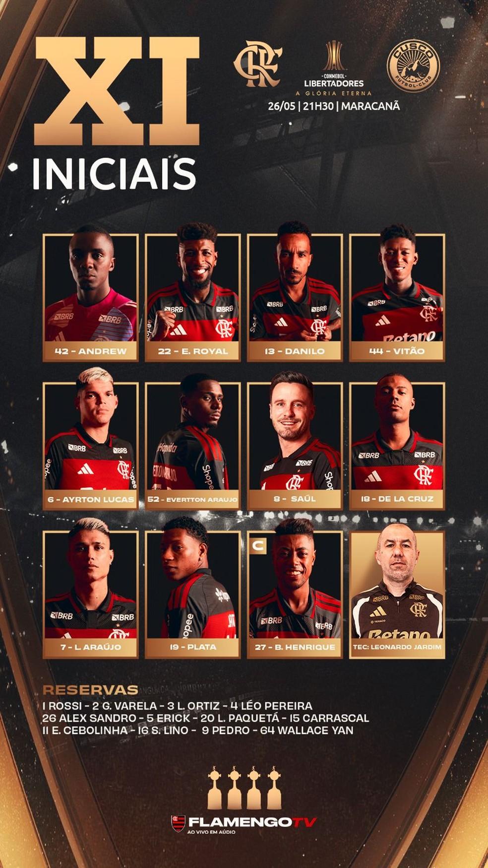 Escalação do Flamengo para jogo contra o Cusco