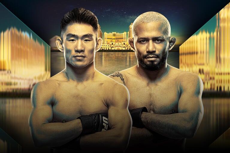 Song Yadong e Deiveson Figueiredo em frente ao skyline de Macau